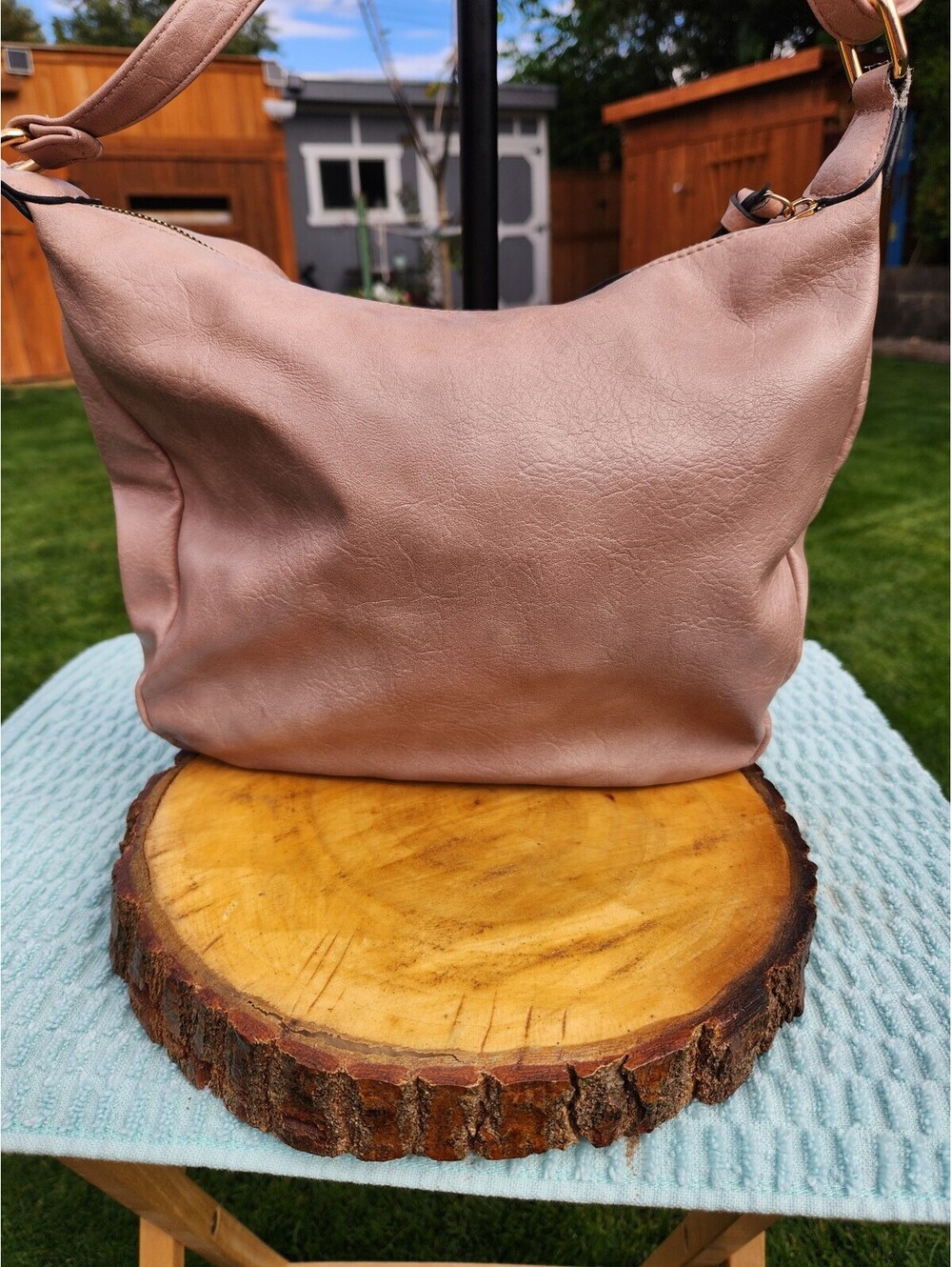 Light Pink Faux Leather Shoulder Bag with Leopard Print Interior - Picture 3 of 11